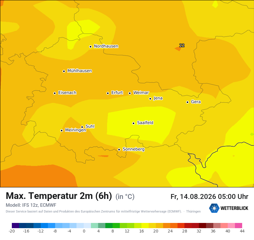 Modellkarte ECMWF – tmax6h – th