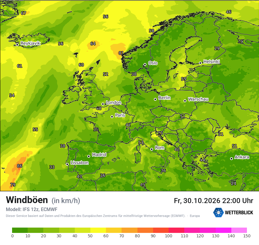 Modellkarte ECMWF – vmax – europa