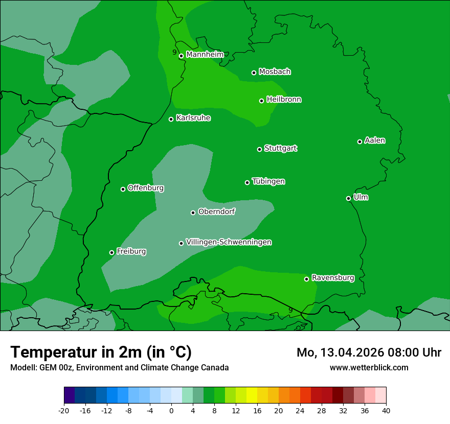 Modellkarte GEM – t2m – bw