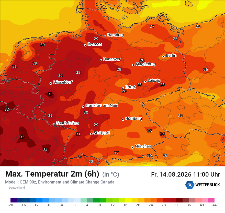 Modellkarte GEM – tmax6h – deutschland