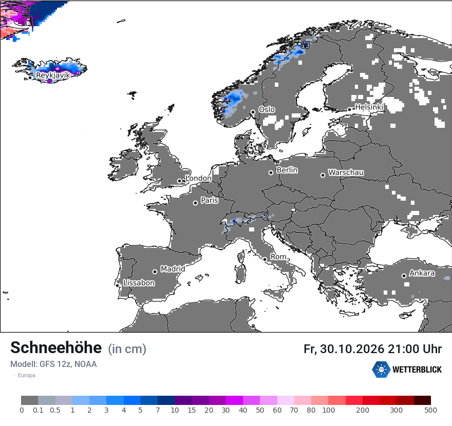 Modellkarte GFS – h_snow – europa