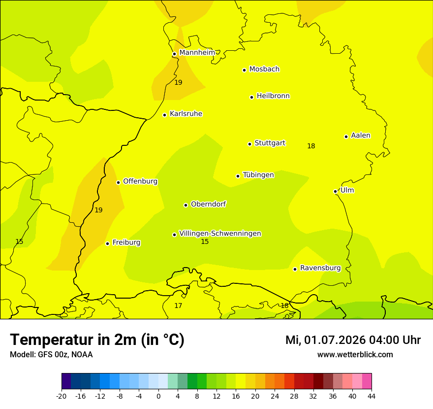 Modellkarte GFS – t2m – bw