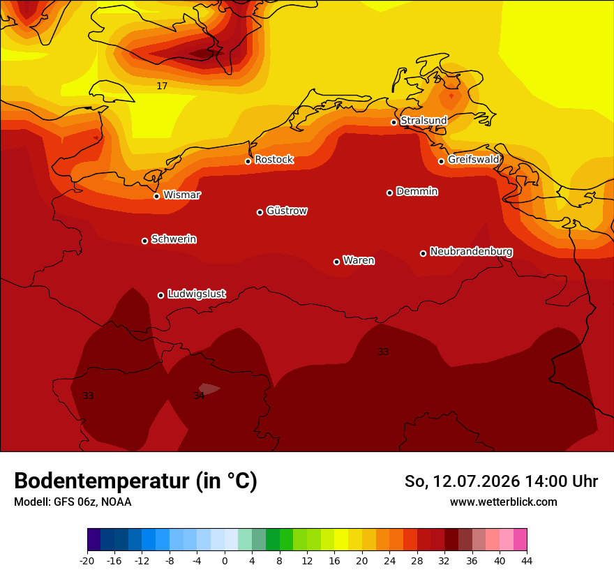 Modellkarte GFS – t_g – mv