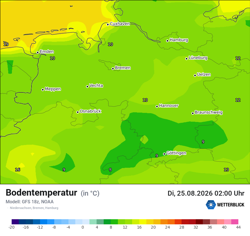 Modellkarte GFS – t_g – ni