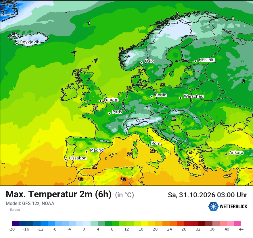 Modellkarte GFS – tmax6h – europa