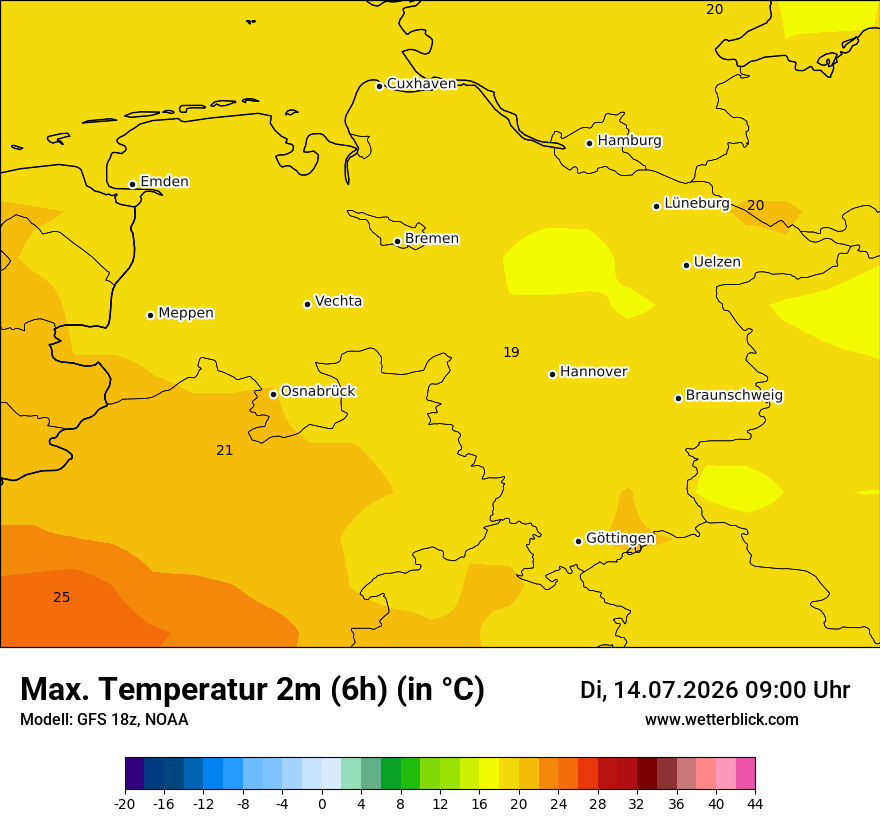 Modellkarte GFS – tmax6h – ni