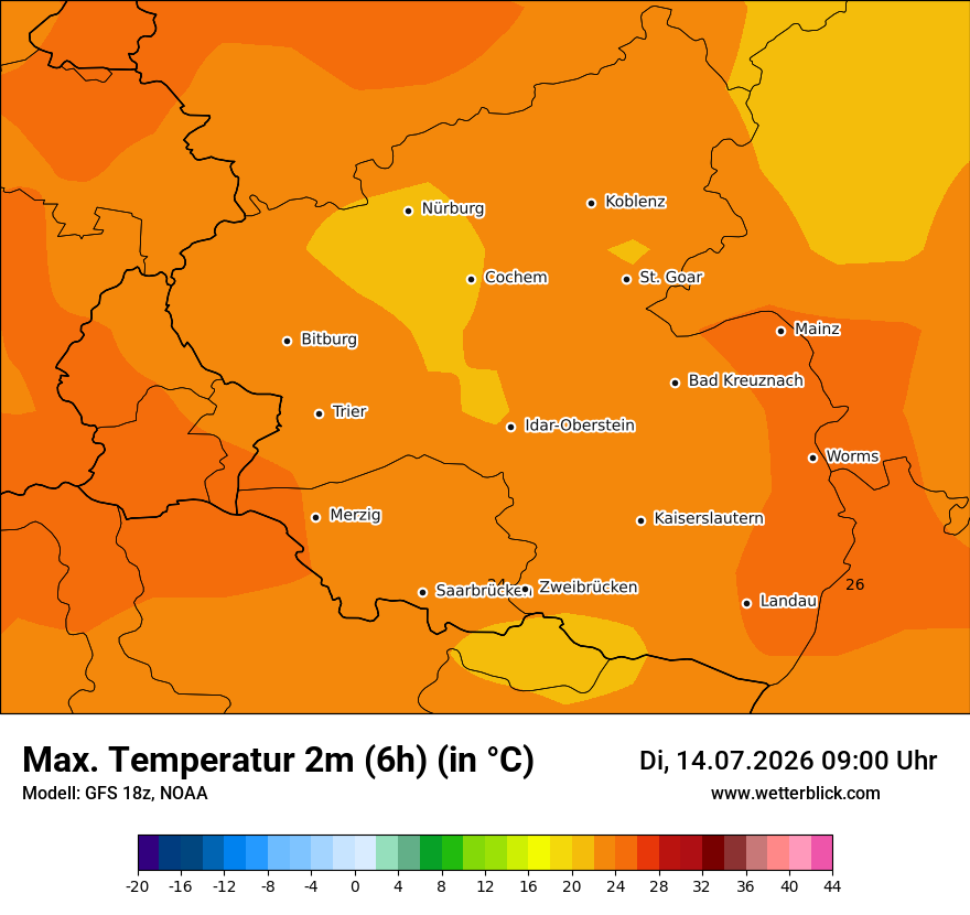 Modellkarte GFS – tmax6h – rp