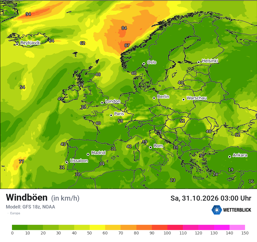 Modellkarte GFS – vmax – europa