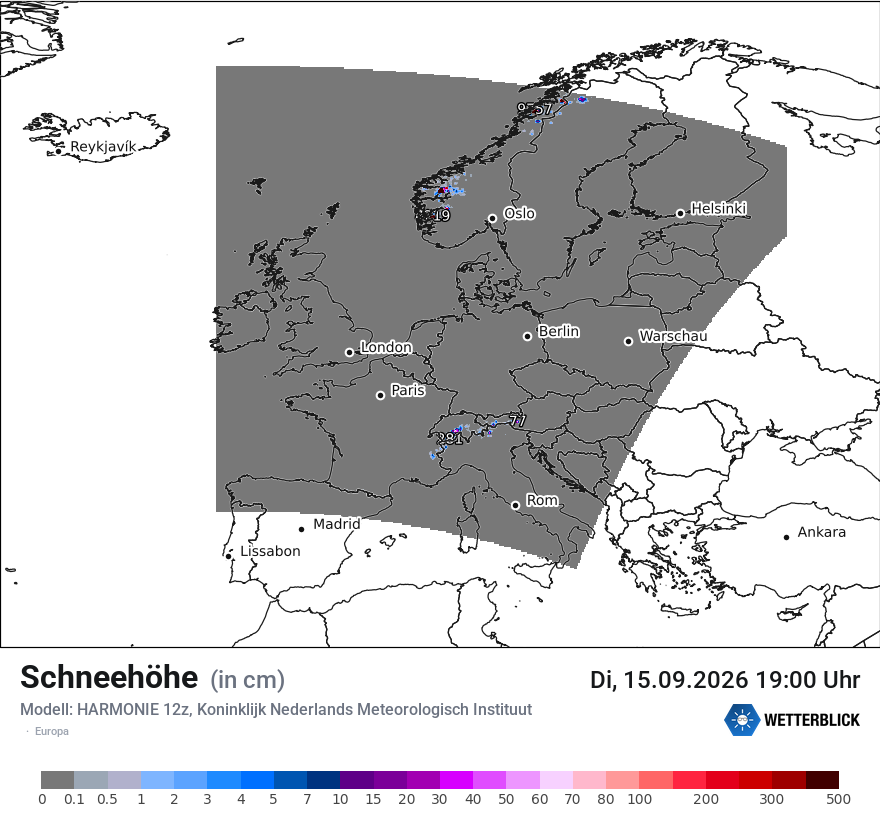 Modellkarte HARMONIE – h_snow – europa