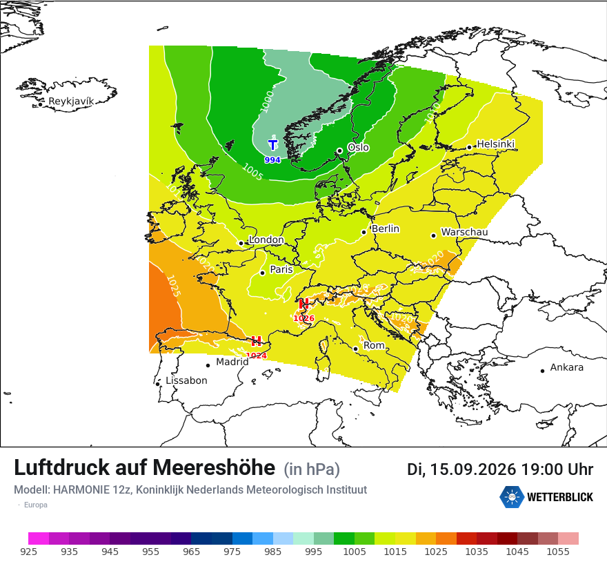 Modellkarte HARMONIE – pmsl – europa