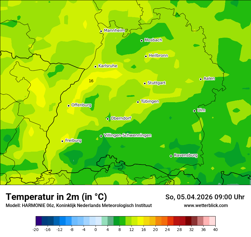 Modellkarte HARMONIE – t2m – bw