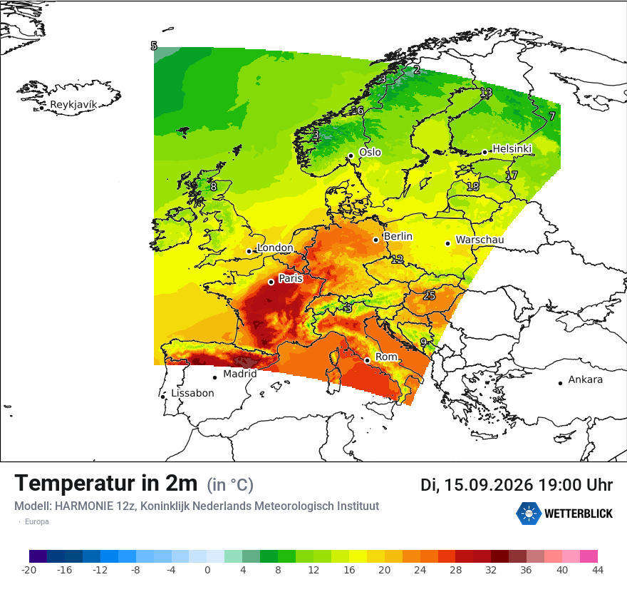 Modellkarte HARMONIE – t2m – europa