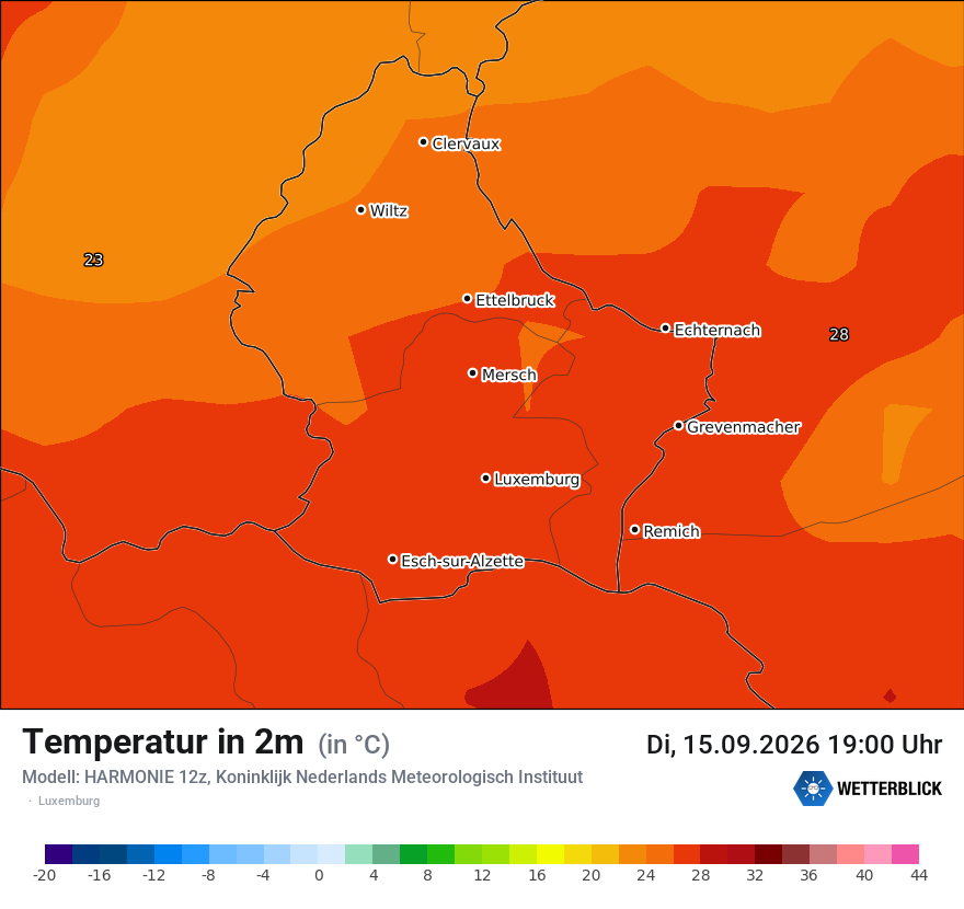 Modellkarte HARMONIE – t2m – luxemburg