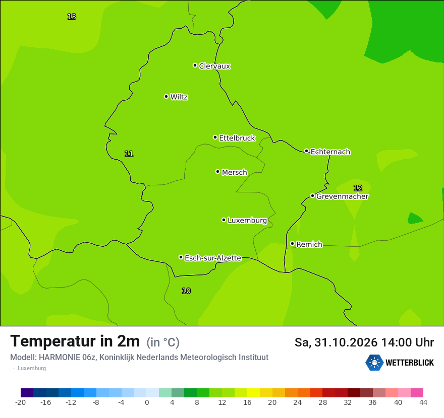 Modellkarte HARMONIE – t2m – luxemburg