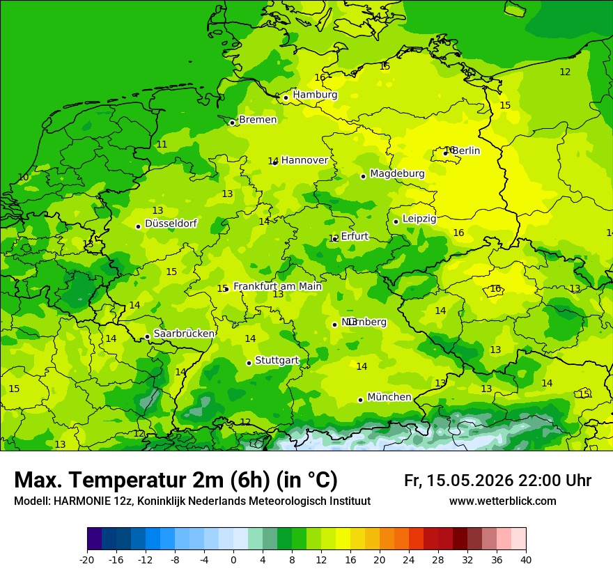 Modellkarte HARMONIE – tmax6h – deutschland