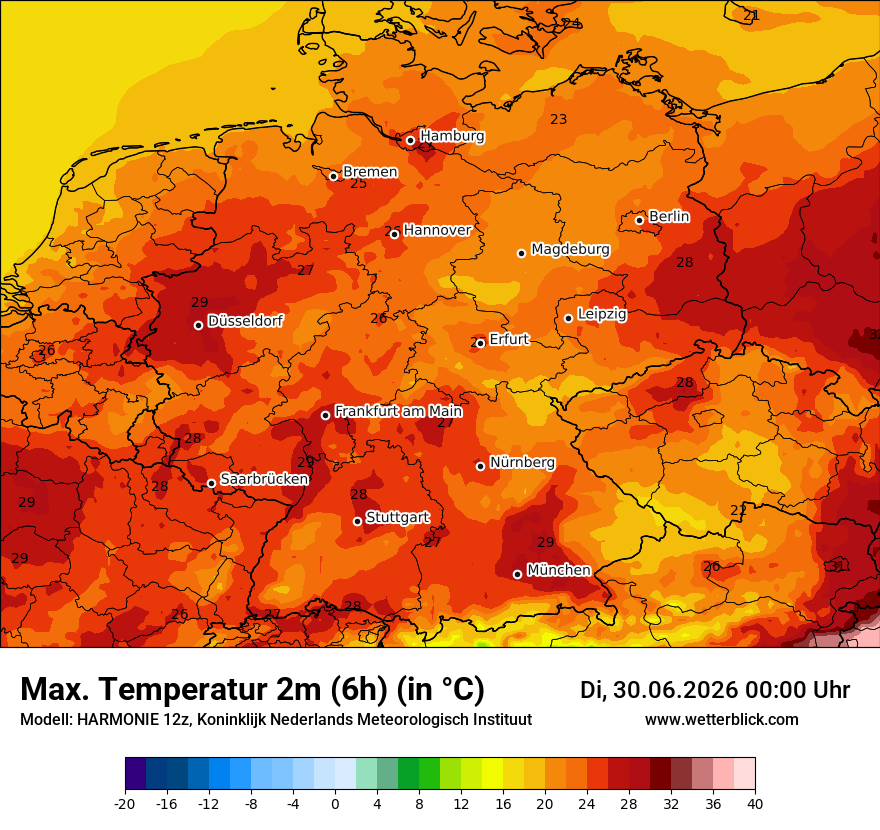 Modellkarte HARMONIE – tmax6h – deutschland