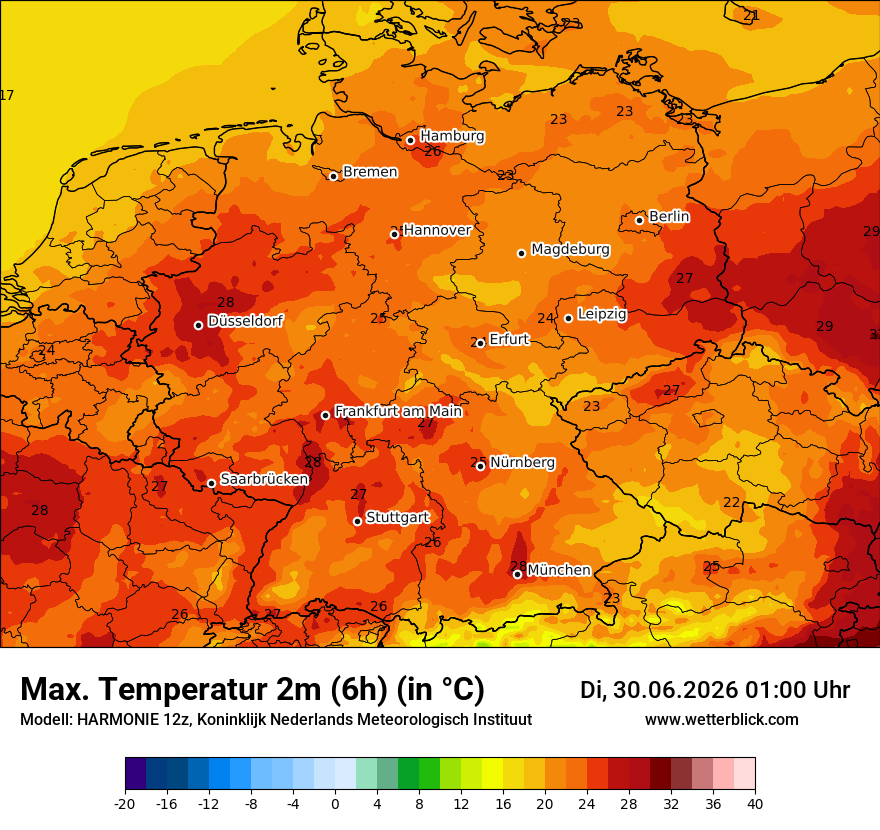 Modellkarte HARMONIE – tmax6h – deutschland