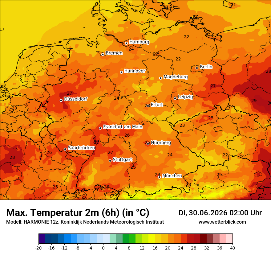 Modellkarte HARMONIE – tmax6h – deutschland