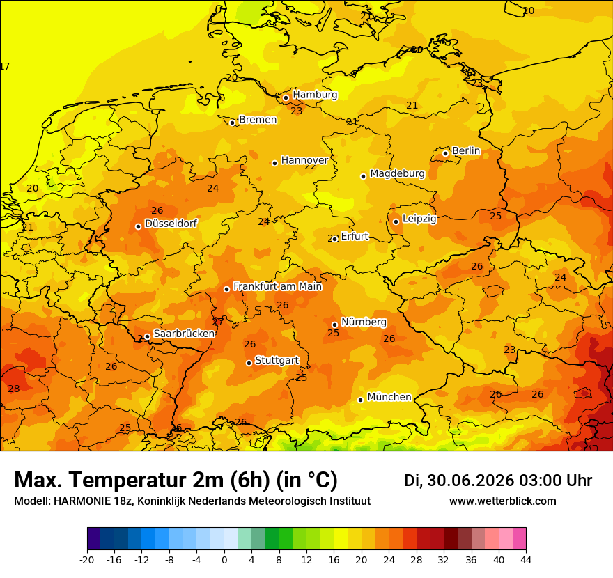 Modellkarte HARMONIE – tmax6h – deutschland