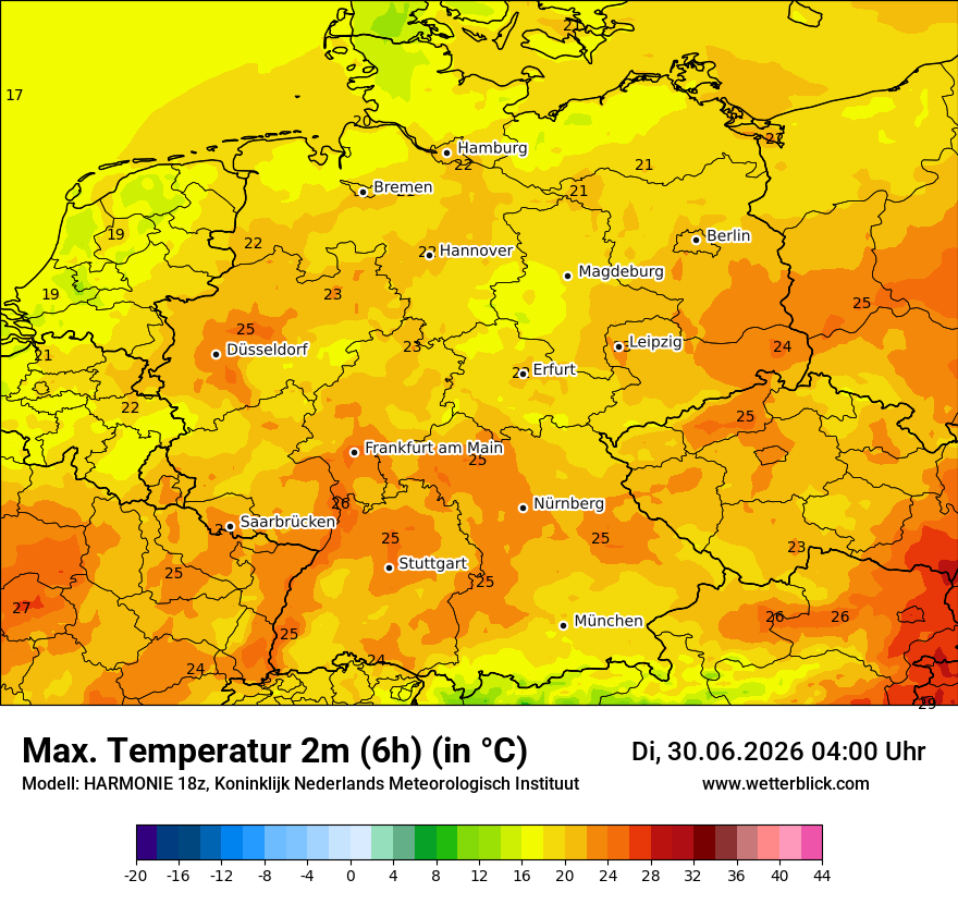 Modellkarte HARMONIE – tmax6h – deutschland