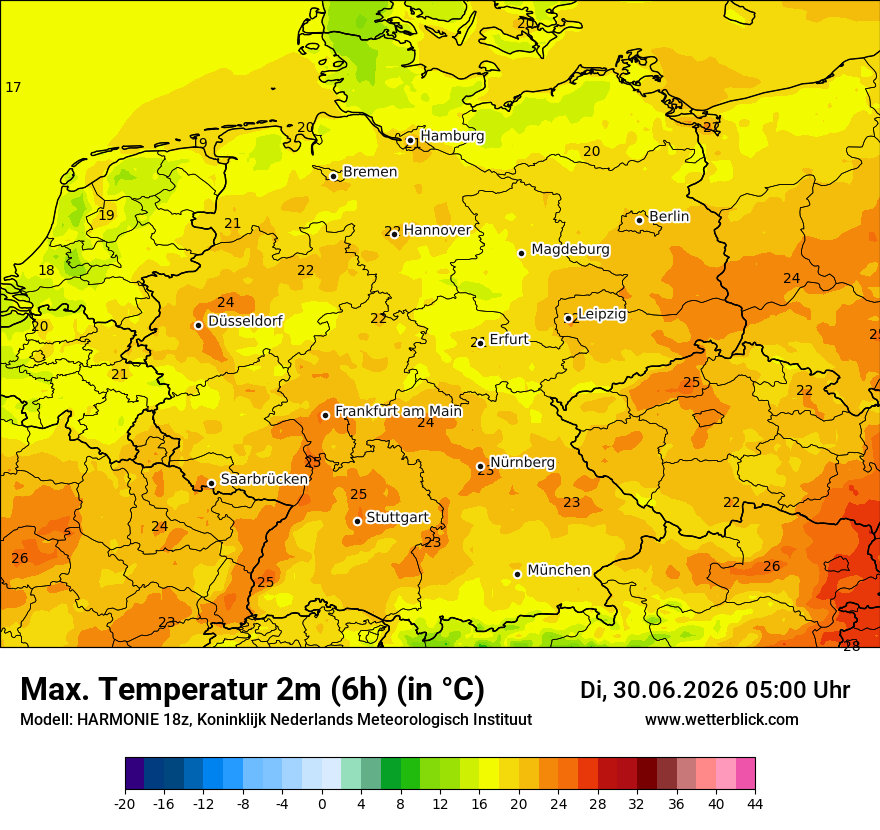 Modellkarte HARMONIE – tmax6h – deutschland