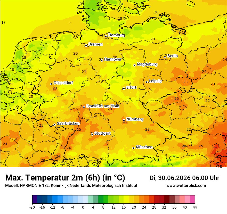 Modellkarte HARMONIE – tmax6h – deutschland