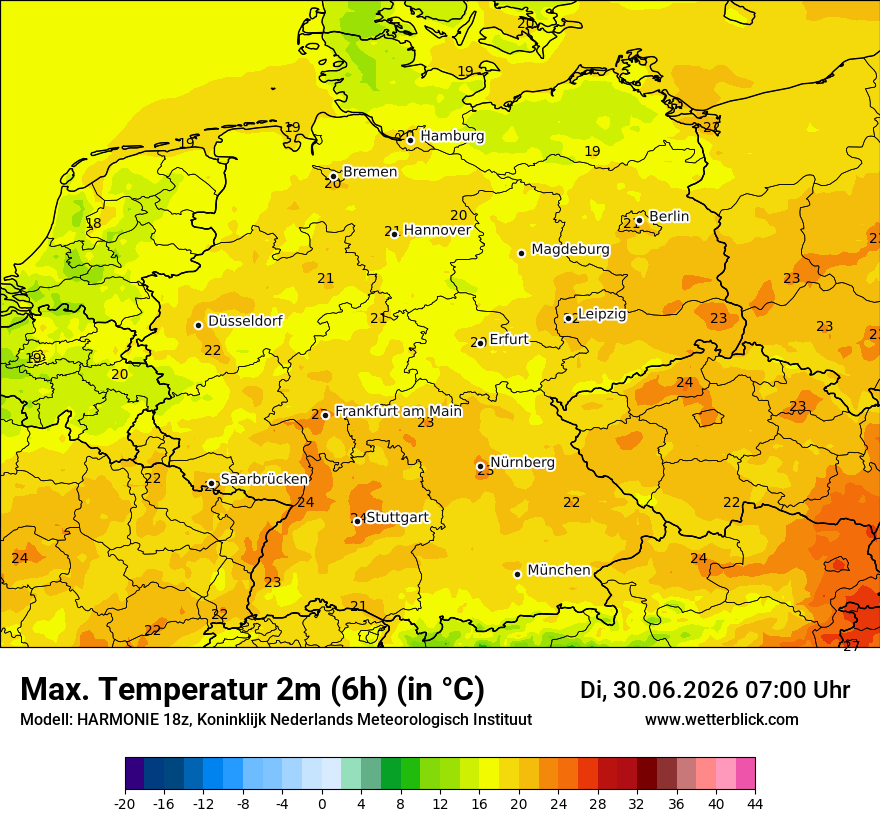 Modellkarte HARMONIE – tmax6h – deutschland