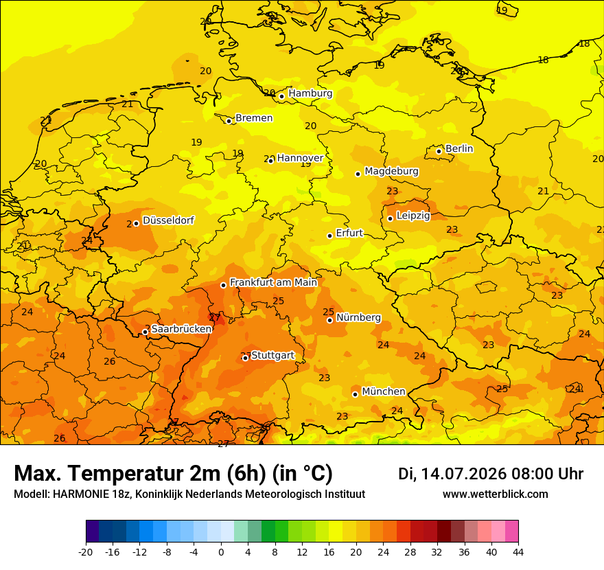 Modellkarte HARMONIE – tmax6h – deutschland