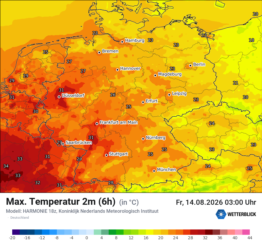 Modellkarte HARMONIE – tmax6h – deutschland