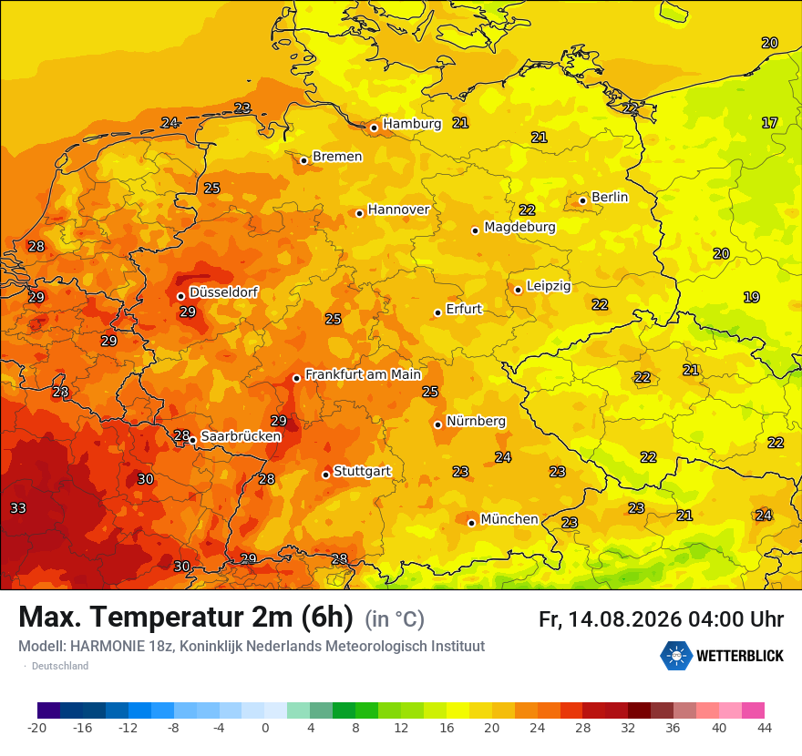 Modellkarte HARMONIE – tmax6h – deutschland