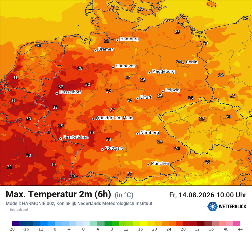Modellkarte HARMONIE – tmax6h – deutschland
