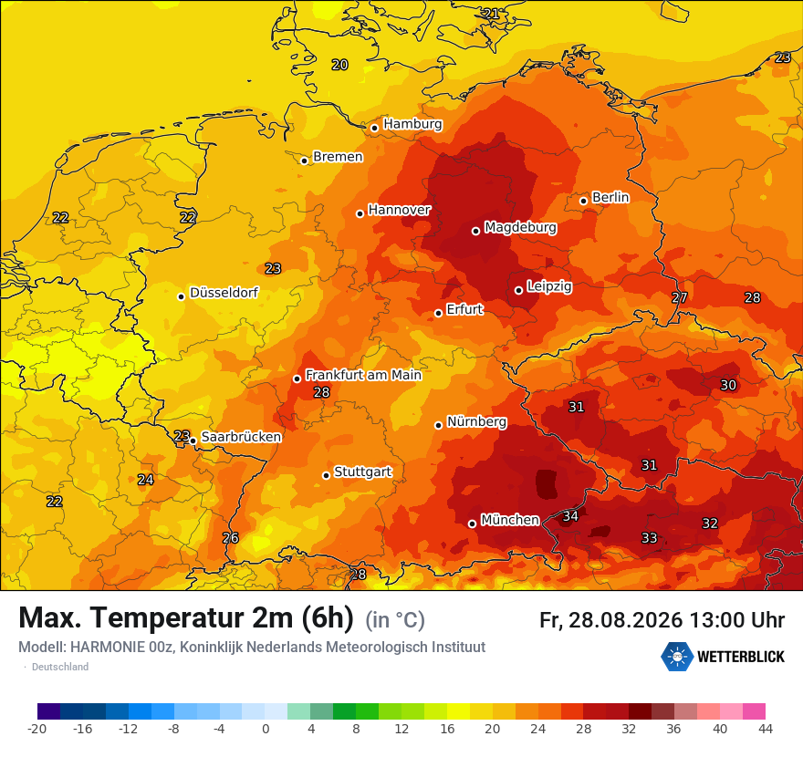 Modellkarte HARMONIE – tmax6h – deutschland