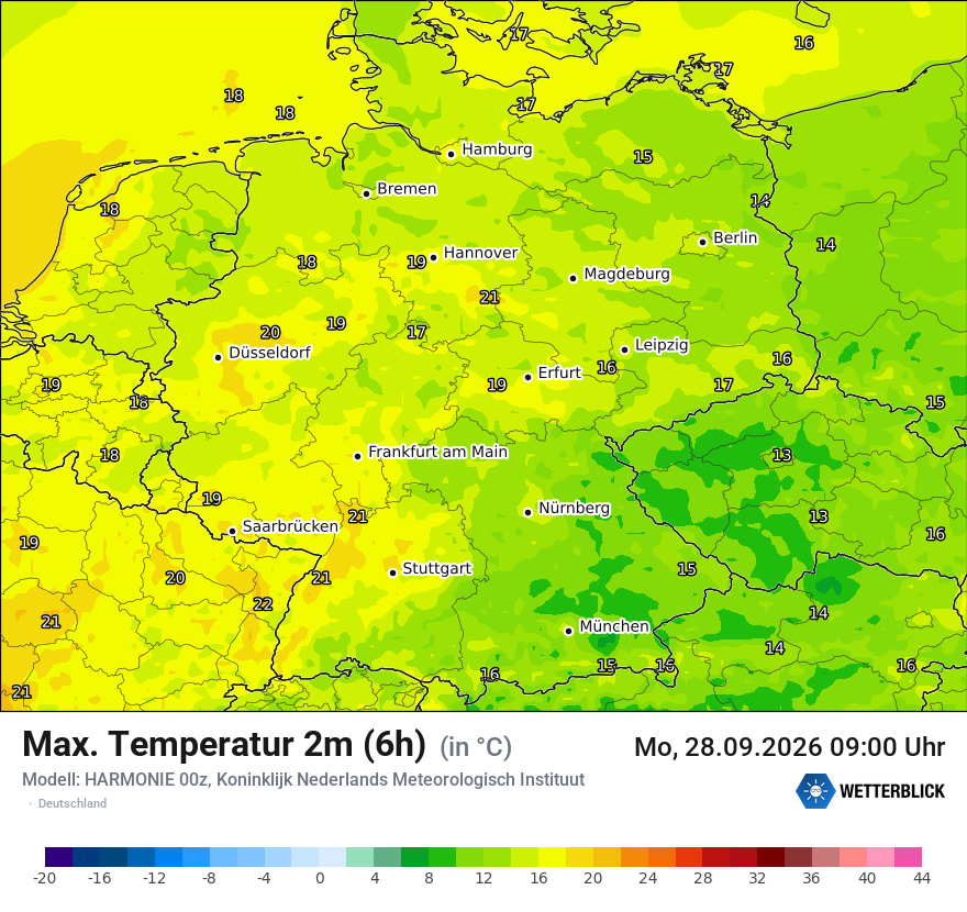 Modellkarte HARMONIE – tmax6h – deutschland