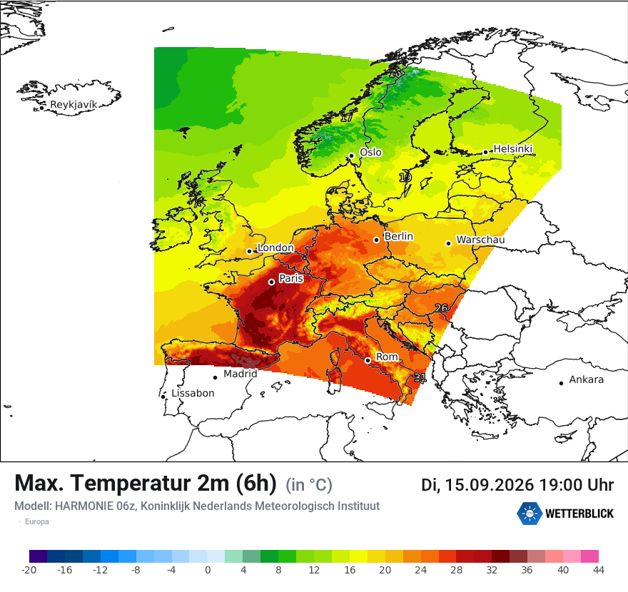 Modellkarte HARMONIE – tmax6h – europa