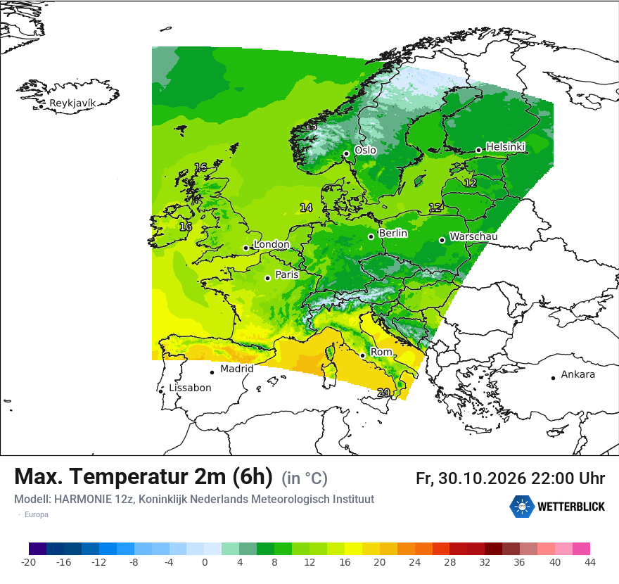Modellkarte HARMONIE – tmax6h – europa