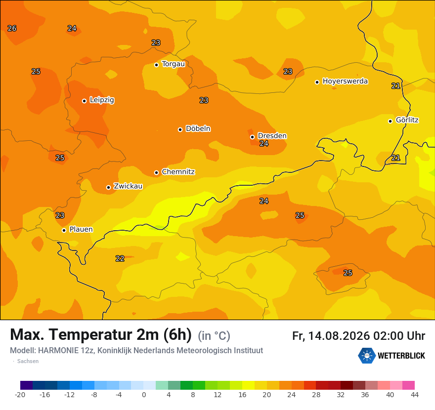 Modellkarte HARMONIE – tmax6h – sn