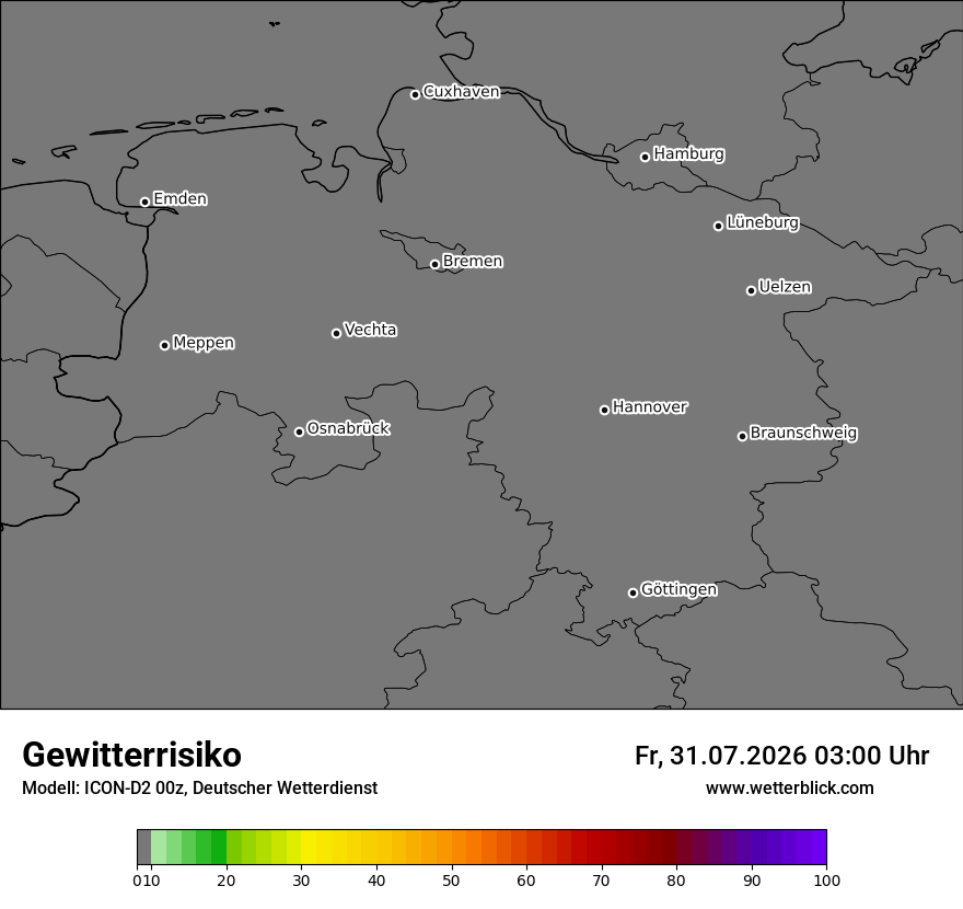 Modellkarte ICON-D2 – gewitterrisiko – ni