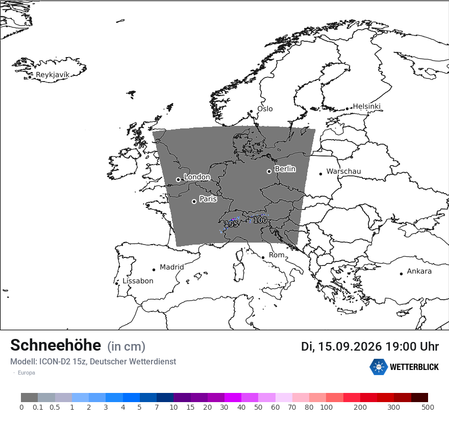 Modellkarte ICON-D2 – h_snow – europa