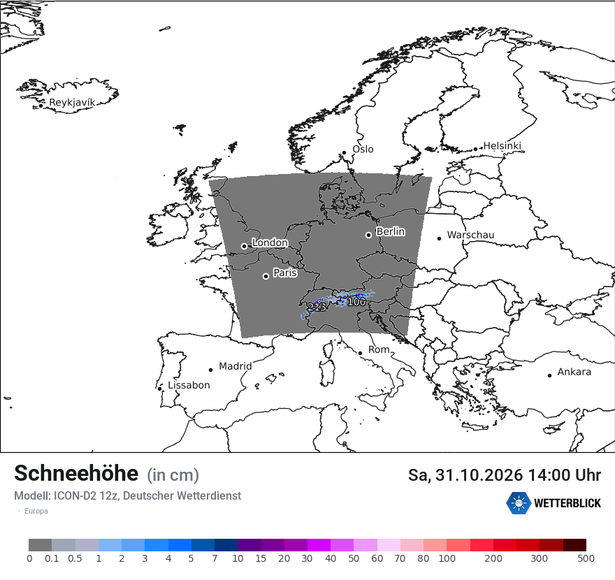 Modellkarte ICON-D2 – h_snow – europa