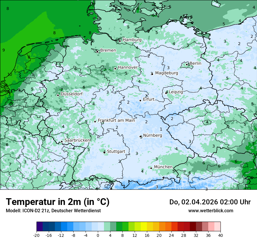Modellkarte ICON-D2 – t2m – deutschland