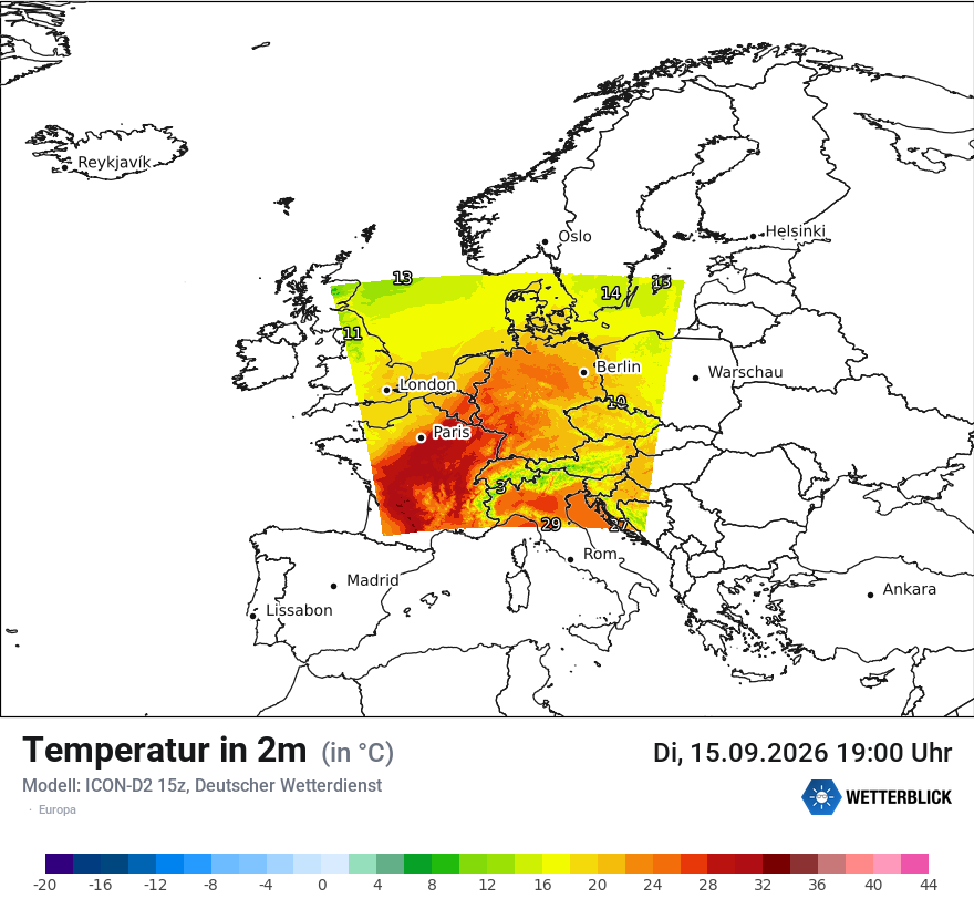 Modellkarte ICON-D2 – t2m – europa