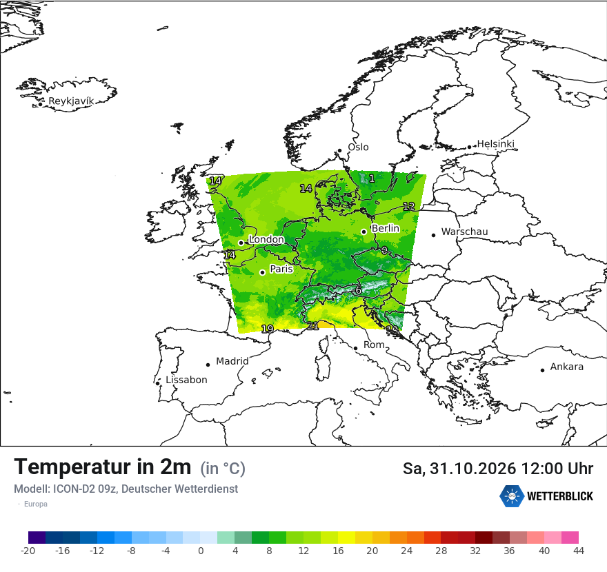 Modellkarte ICON-D2 – t2m – europa