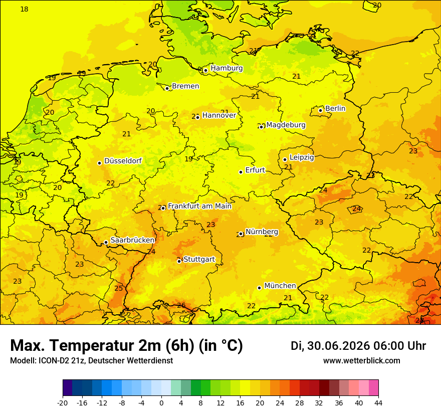 Modellkarte ICON-D2 – tmax6h – deutschland