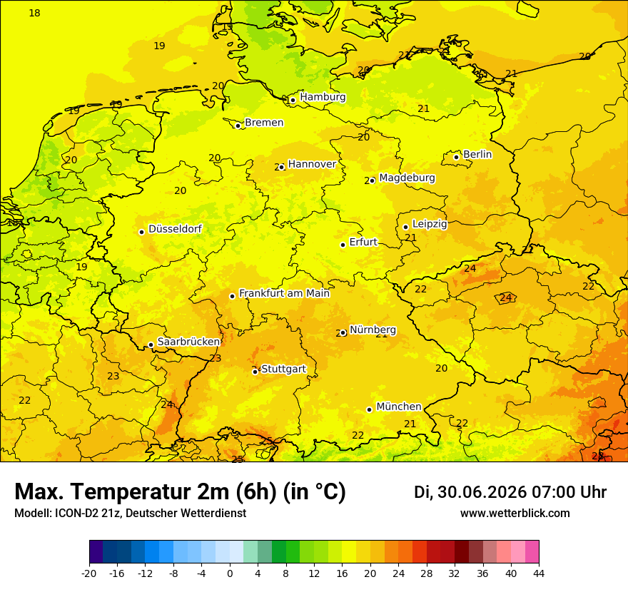 Modellkarte ICON-D2 – tmax6h – deutschland