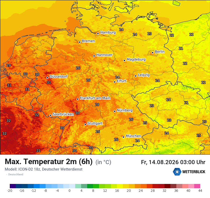Modellkarte ICON-D2 – tmax6h – deutschland