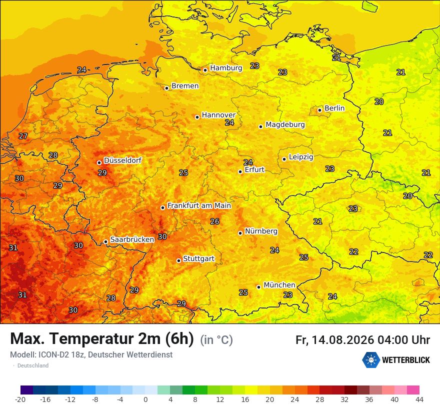 Modellkarte ICON-D2 – tmax6h – deutschland