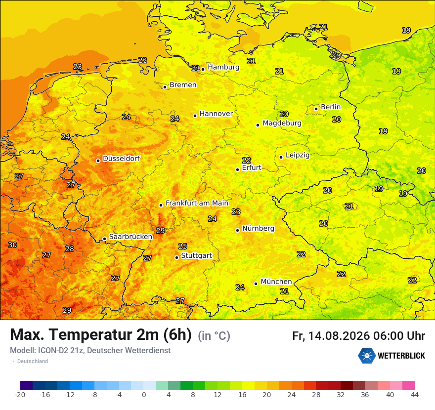 Modellkarte ICON-D2 – tmax6h – deutschland