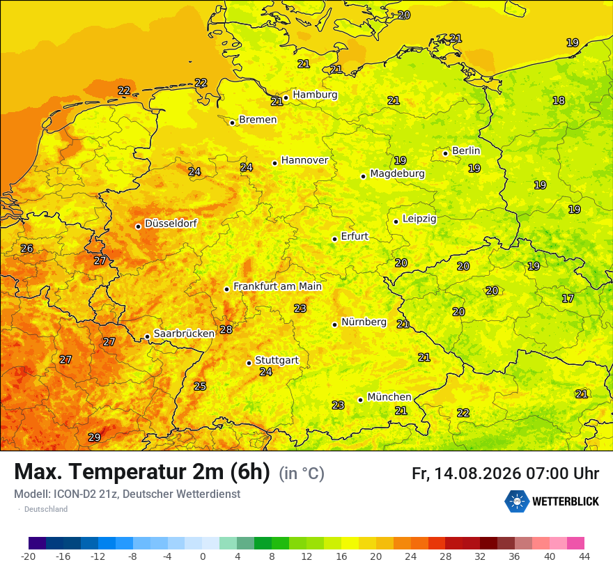 Modellkarte ICON-D2 – tmax6h – deutschland