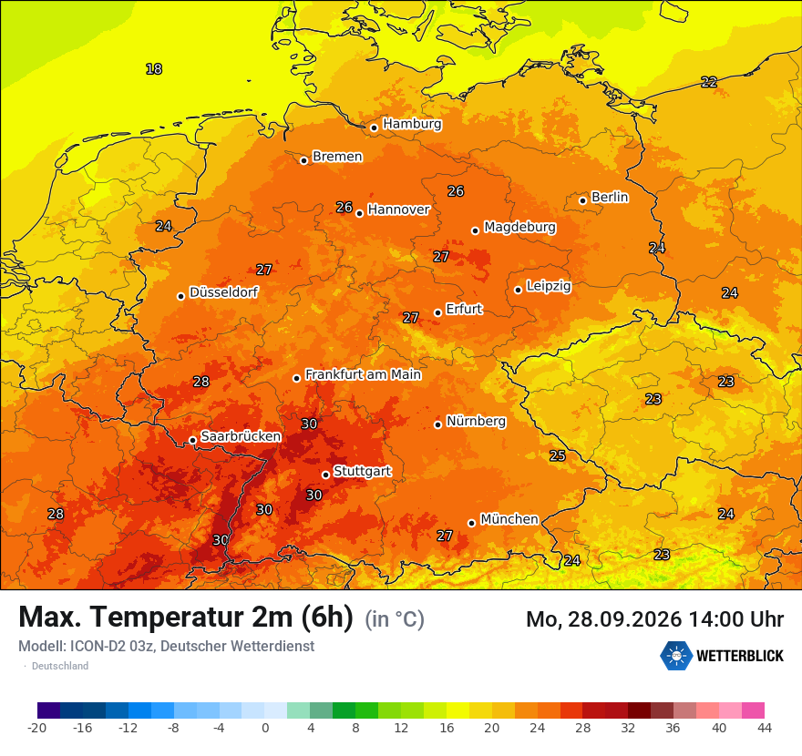 Modellkarte ICON-D2 – tmax6h – deutschland