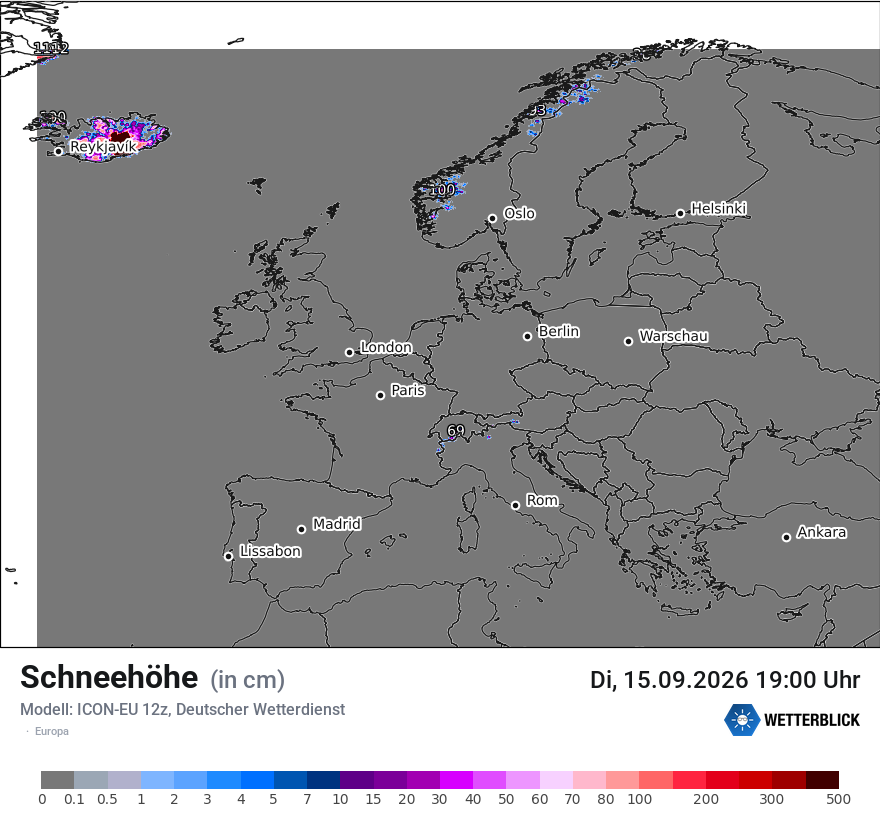 Modellkarte ICON-EU – h_snow – europa